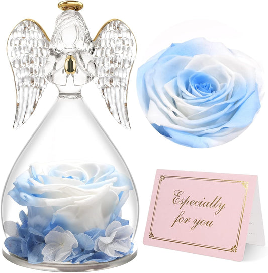 Yamonic Birthday Gifts for Mom Women, Angel Figurines with Real Rose Gifts for Her Mom Grandma, Mothers Day Preserved Flowers Rose for Christmas Valentine's Day (White+Blue)