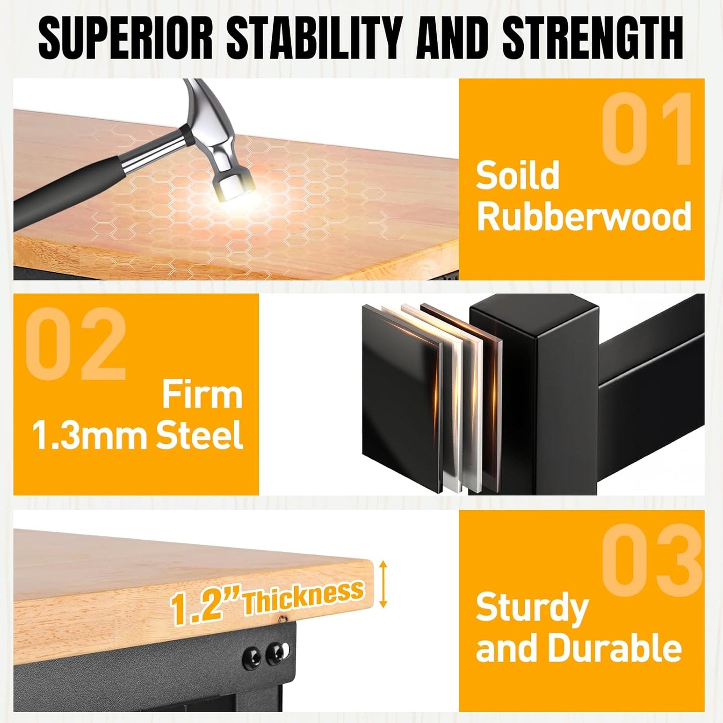 Height Adjustable Workbench 60”×22” Heavy Duty Work Table 2000 LBS Load Capacity Rubber Wood Work Station with Power Outlet & Pegboard for Garage, Office, Workshop, Home, Party Shop