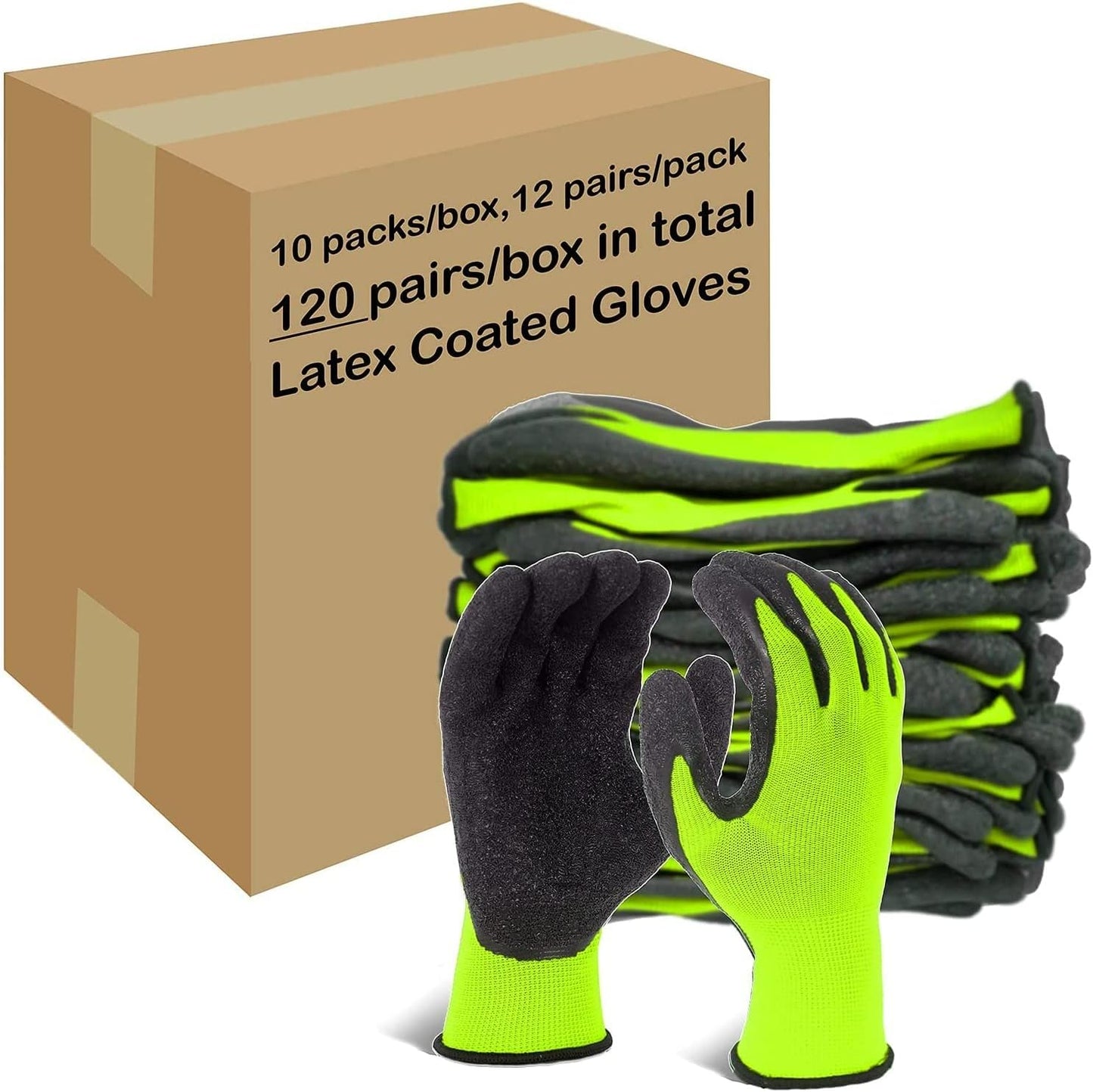 Evridwear Crinkle Latex Rubber Hand Coated Safety Work Gloves for Men Women General Multi Use Construction Warehouse Gardening Assembly Landscaping (M-Size) Lime 120 Pairs Pack