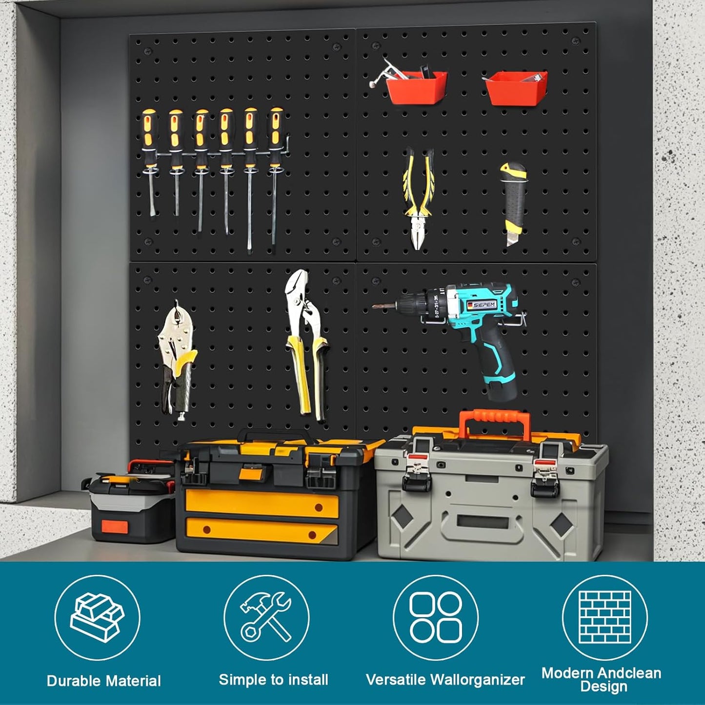 Peg Board,Steel Organization Panels, Ideal for Garage Tool Storage, Office Organization, Craft Room, Kitchen,Pack of 4 (Black, 4-12X12)