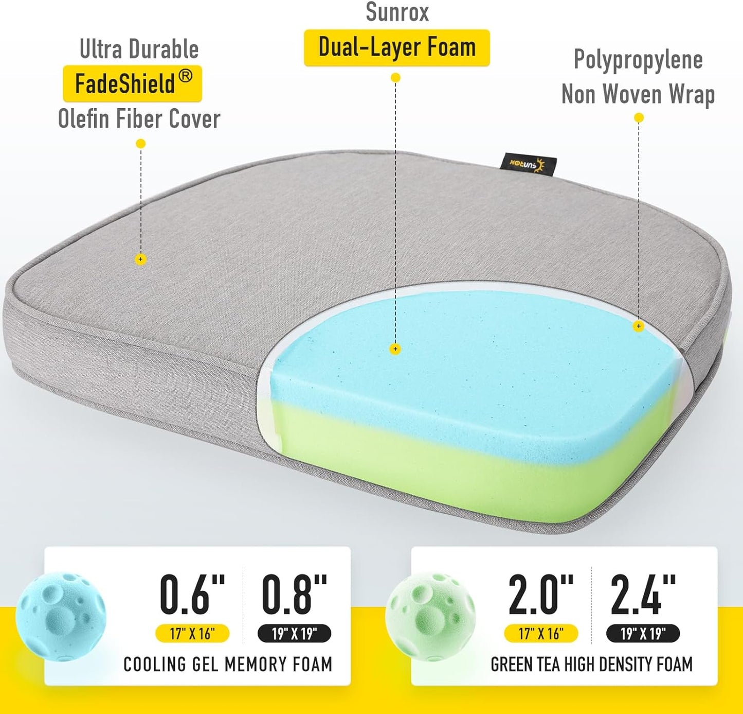 SUNROX Gel Memory Foam Chair Cushions, FadeShield Water-, Stain-Resistant Durable Reversible Seat Cushion Pads with Ties for Indoor/Outdoor Kitchen Dining Office, 17"x16", Set of 6, Heather Grey