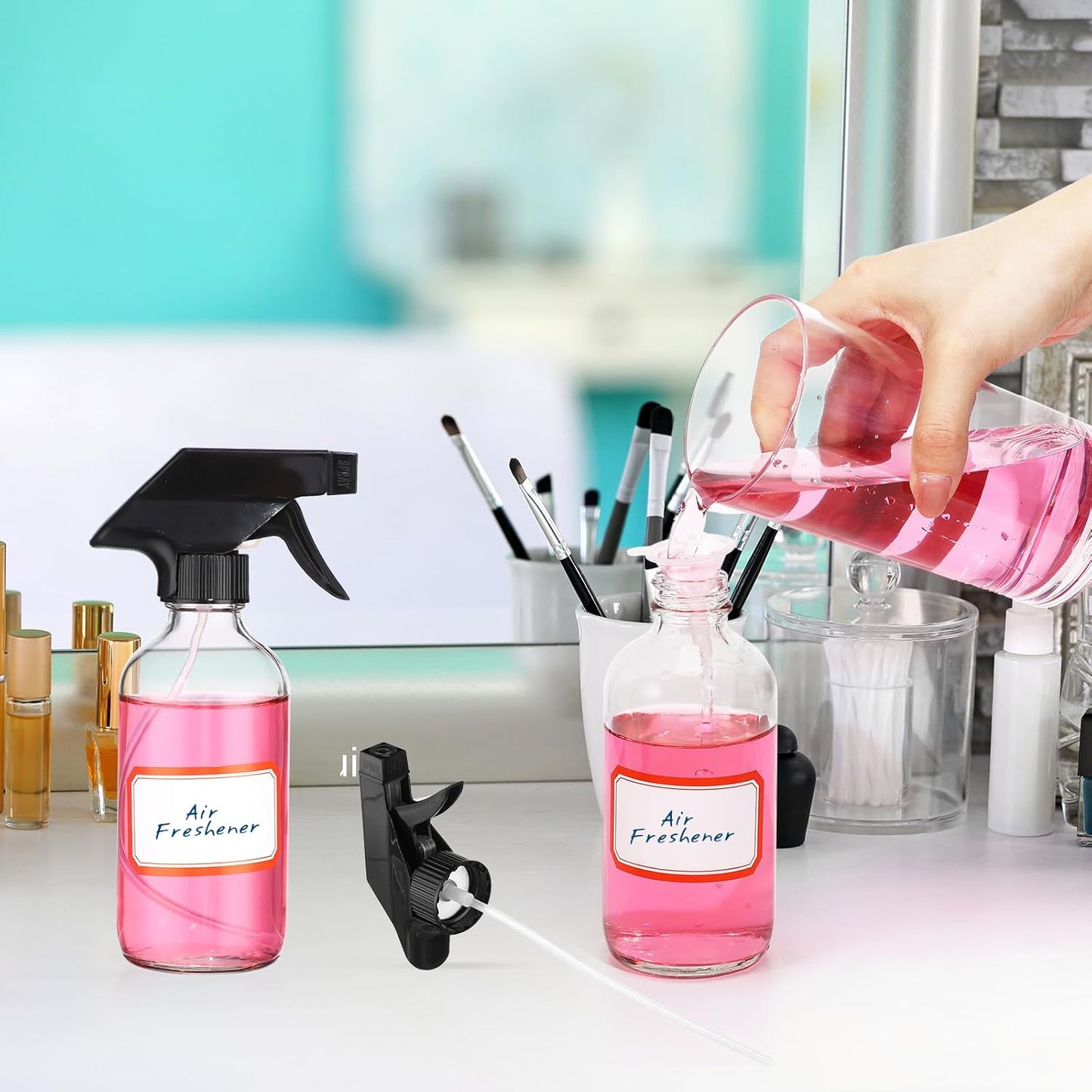 Norme 12 Pcs 8 oz Glass Spray Bottles with Funnels and Labels Refillable Cosmetic Empty Spray Bottles with Sprayer Containers for Essential Oil Cleaning Solutions(Clear,Classic)