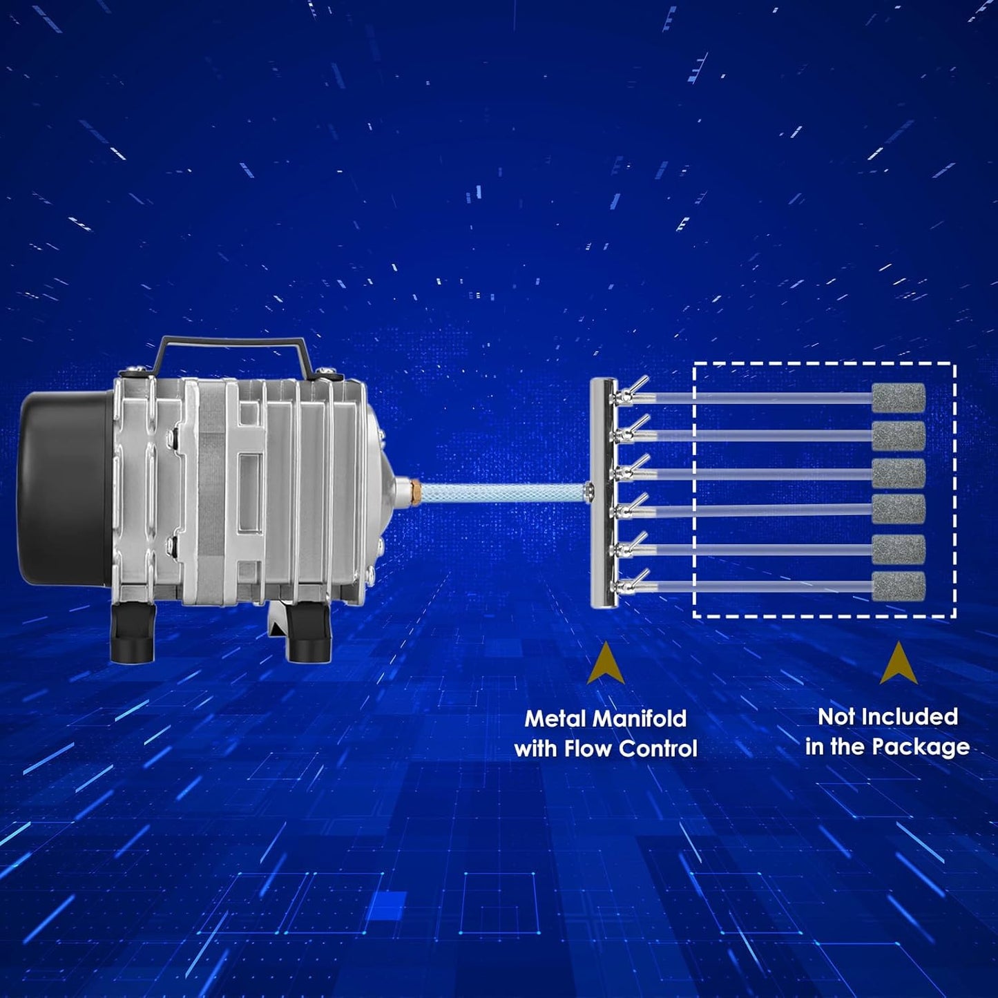 Aquarium Air Pump with Aluminum Housing, Commercial Air Pump with 6-Outlet Air Manifold, Pond Aerator Fish Tank Bubbler for Aquarium, Pond, Hydroponics (650GPH-20W)