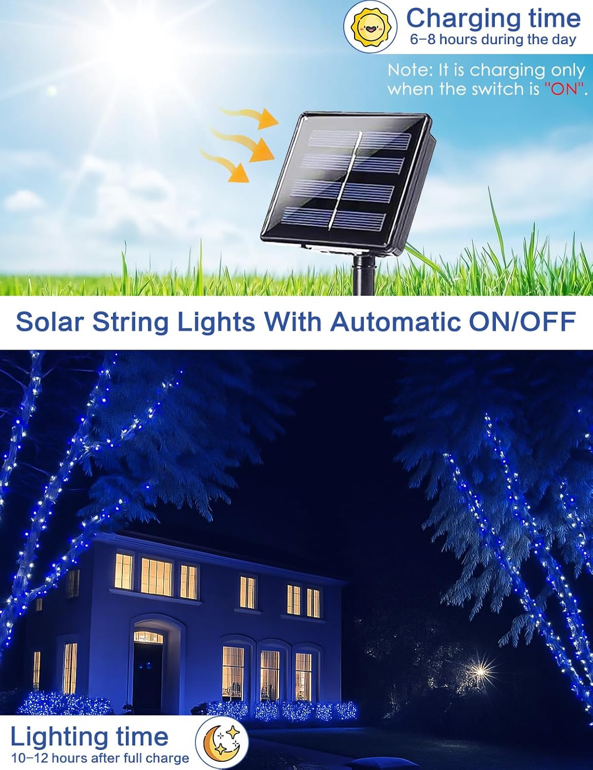 2 Pack Blue and White Solar String Lights Outdoor, 80FT 200 LED Waterproof Silver Wire Fairy Light, 8 Modes Solar Twinkle Light for Christmas Wedding New Year Independence Day Patio Fence Tree Decor