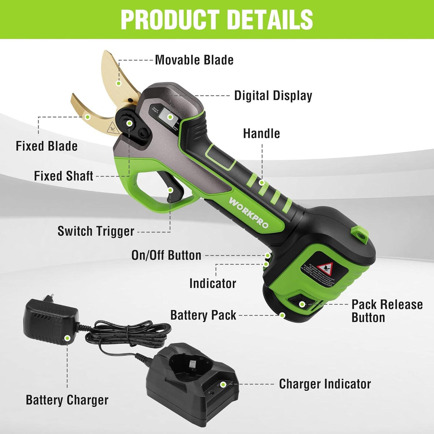 WORKPRO 12V Electric Pruning Shears, Battery Powered Pruning Shears, Cordless Tree Pruner, 1.2 Inch Cutting Diameter, Branch Cutter Gardening Scissors with 2 Pack Rechargeable Battery and Fast Charger