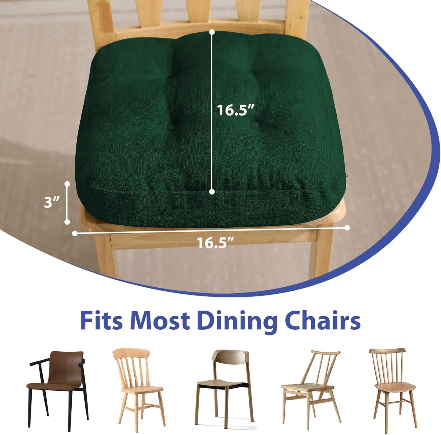 Chair Cushions for Dining Chairs, Dining Chair Cushions, Tufted Indoor Chair Pads with Ties & Non Slip Backing, Seat Cushions for Kitchen Chairs 16.5” x 16.5” x 3.5”, Set of 4, Green