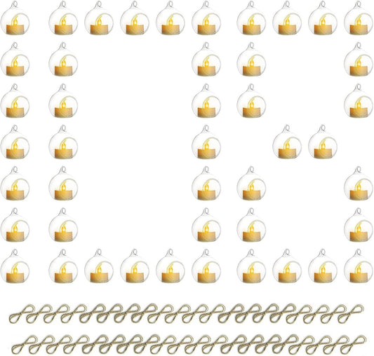 108 Pcs Mini Hanging Tealight Holder with LED Candles, 2.36in Hanging Glass Globes Candle Holder, Hanging Glass Terrarium Glass containers for Wedding Party Tree Decoration (Contains LED Candles)