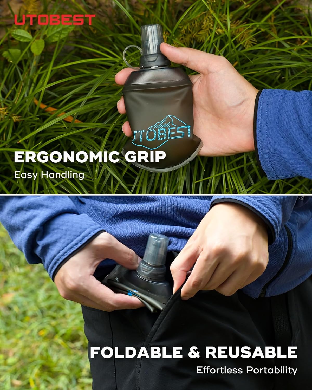 UTOBEST 150ml Soft Flask, 2 Pack Flexible TPU Hydration Water Bottle, Collapsible with 28mm Caliber for Running, Hiking, Cycling, Climbing, and Marathon Blue