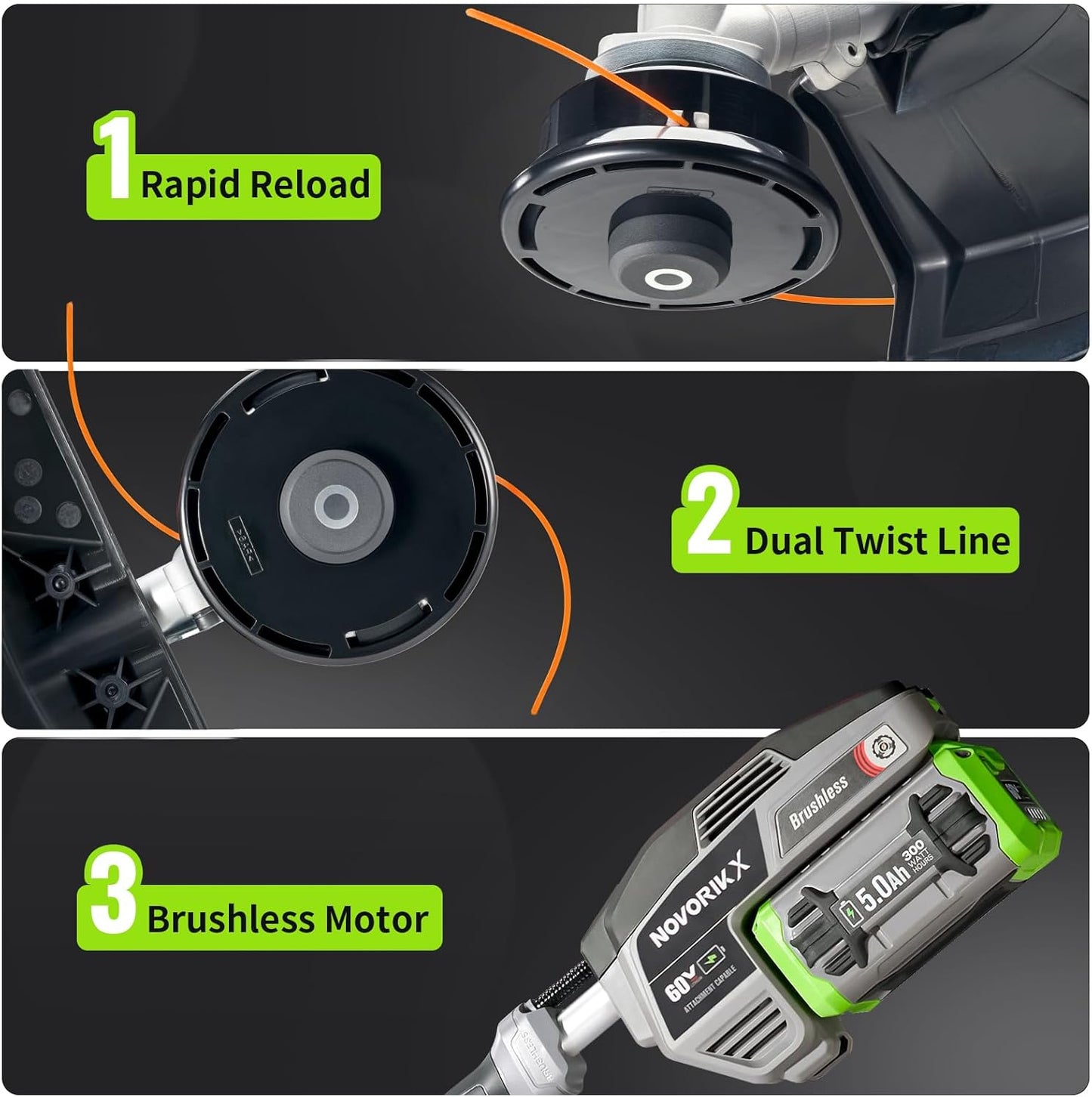 60V Lithium Ion Cordless String Trimmer, 17 Inch Two Speed Brushless String Trimmer with 5.0Ah Battery and Charger
