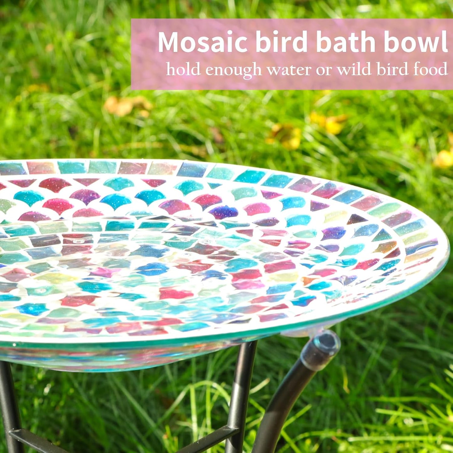 VCUTEKA Bird Baths for Outdoors, Mosaic Bird Bath with Metal Standing for Garden, Yards Patio Décor, Bird Lovers Gift, Glass Birdbath Detachable (20" H * 14" W)