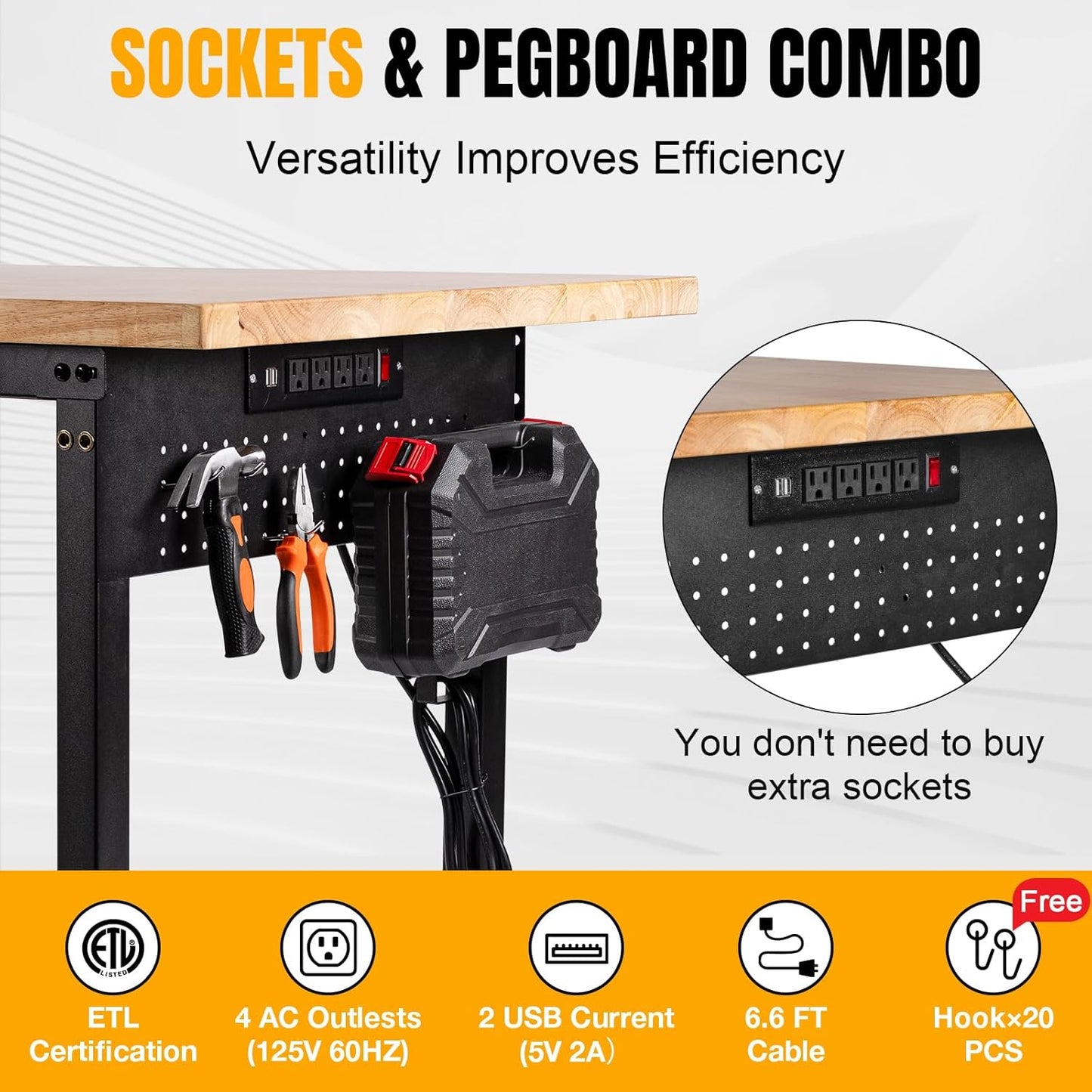 Height Adjustable Workbench Heavy Duty Work Table 2000 LBS Load Capacity 60”×22” Rubber Wood Work Station with Power Outlet & Pegboard for Garage, Workshop, Office,Party Shop, Home