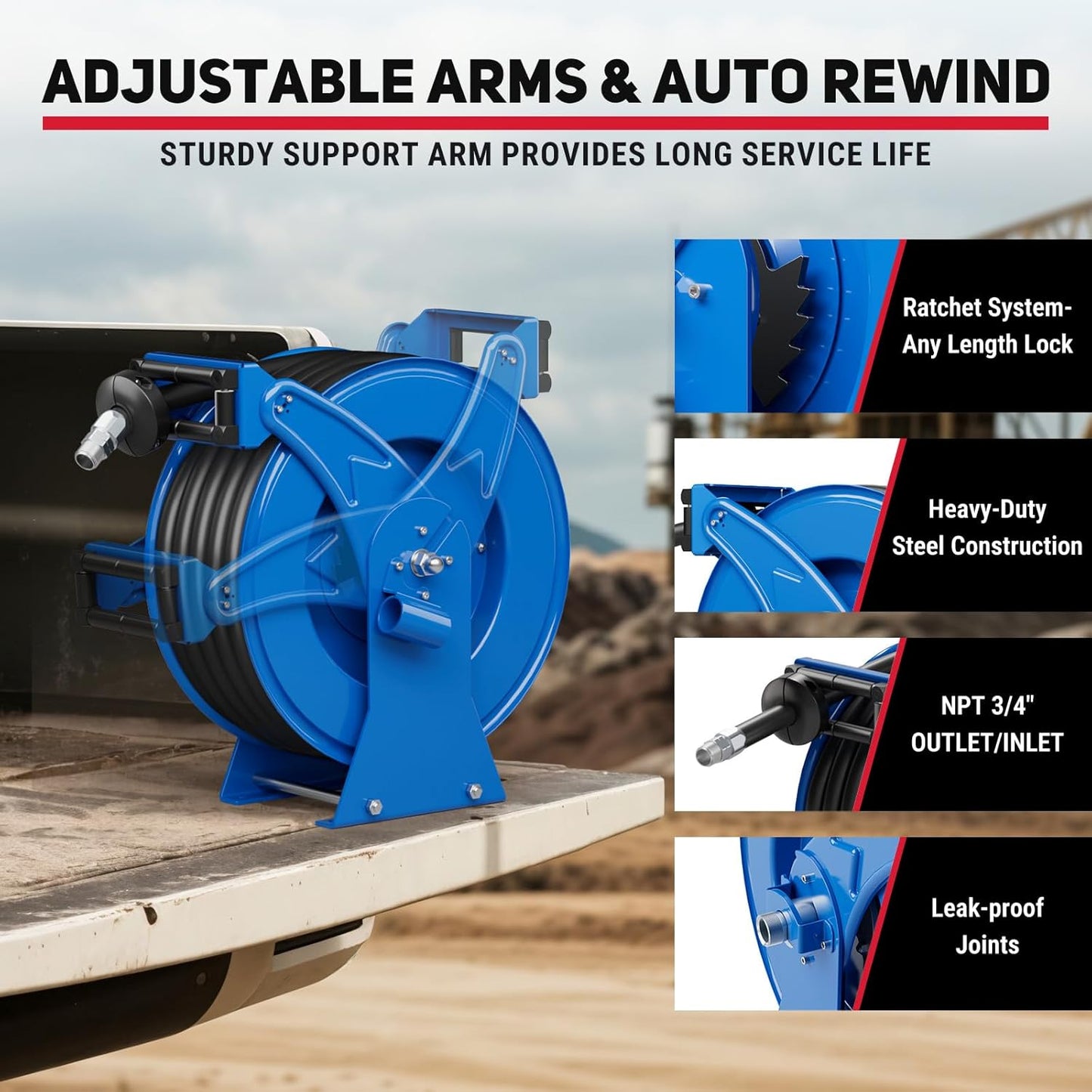 Fuel Hose Reel Retractable with Fueling Nozzle, 3/4" x 50" Heavy Duty Steel, 300PSI Industrial Auto Swivel, Spring Driven Diesel Hose Reel for Construction Farm Ship Vehicle Tank, Blue