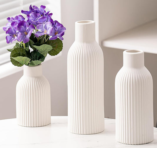 Ceramic Vase Set of 3, Flower Vases for Spring Room Decor, Kitchen Farmhouse, Modern Boho Style(White)