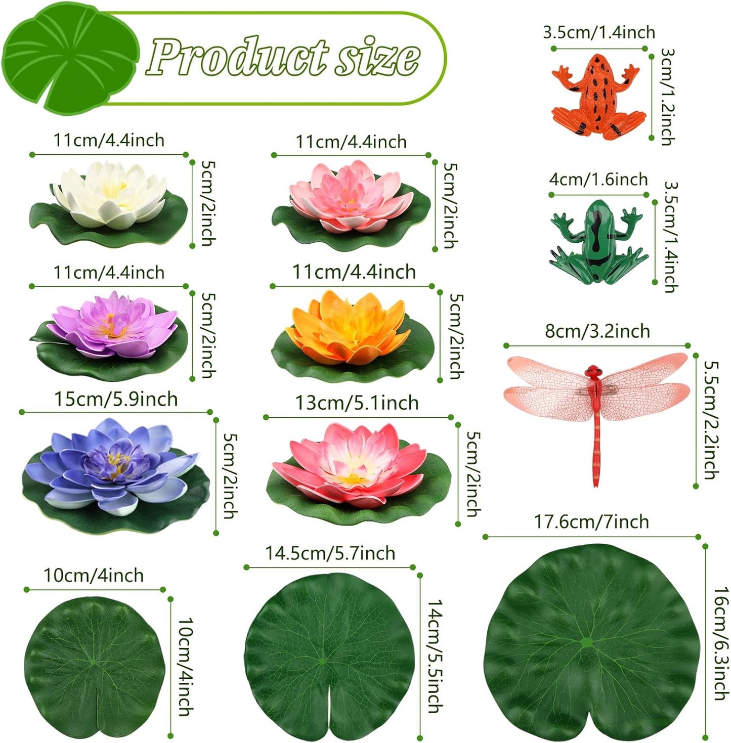 22 Pack Artificial Floating Foam Lotus Flowers with Artificial Frog Lotus Leaves, Lily Pads for Lake, Pond Plants Ornaments for Pool Water Decoration, Colorful