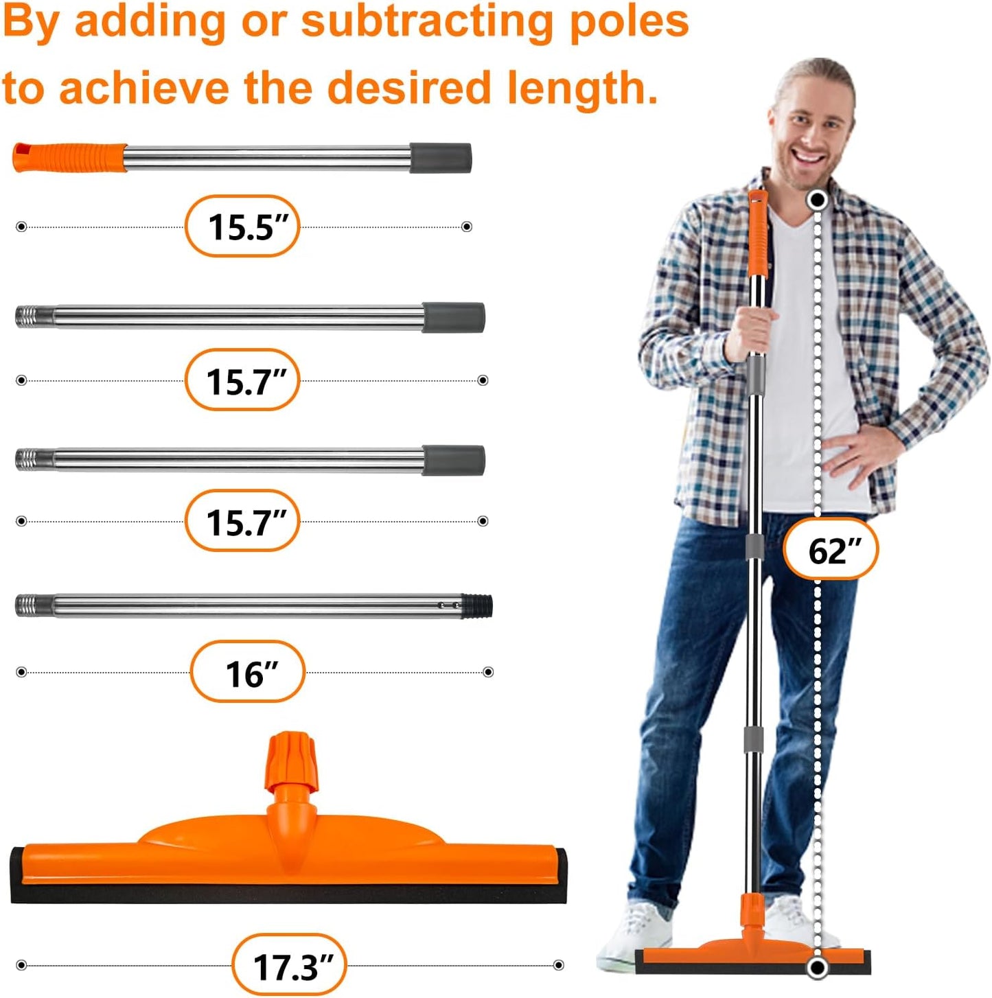 ITTAR Heavy-Duty Floor Squeegee, 62" Adjustable Handle, EVA Foam Blade, Ideal for Concrete, Garage, Patio & More