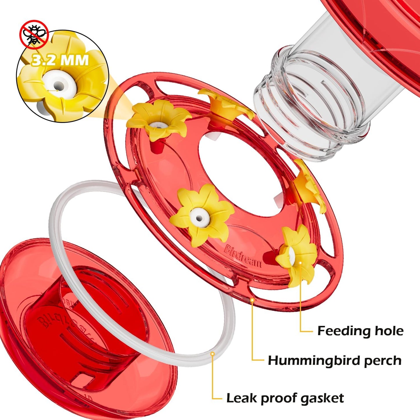 Birdream Hummingbird Feeder for Outdoors Hanging, 20oz Hummingbird Feeders with 5 Bee Guard Feeding Ports & Built-in Ant Moat Brush Leak-Proof for Outside Gifts for Women - Red