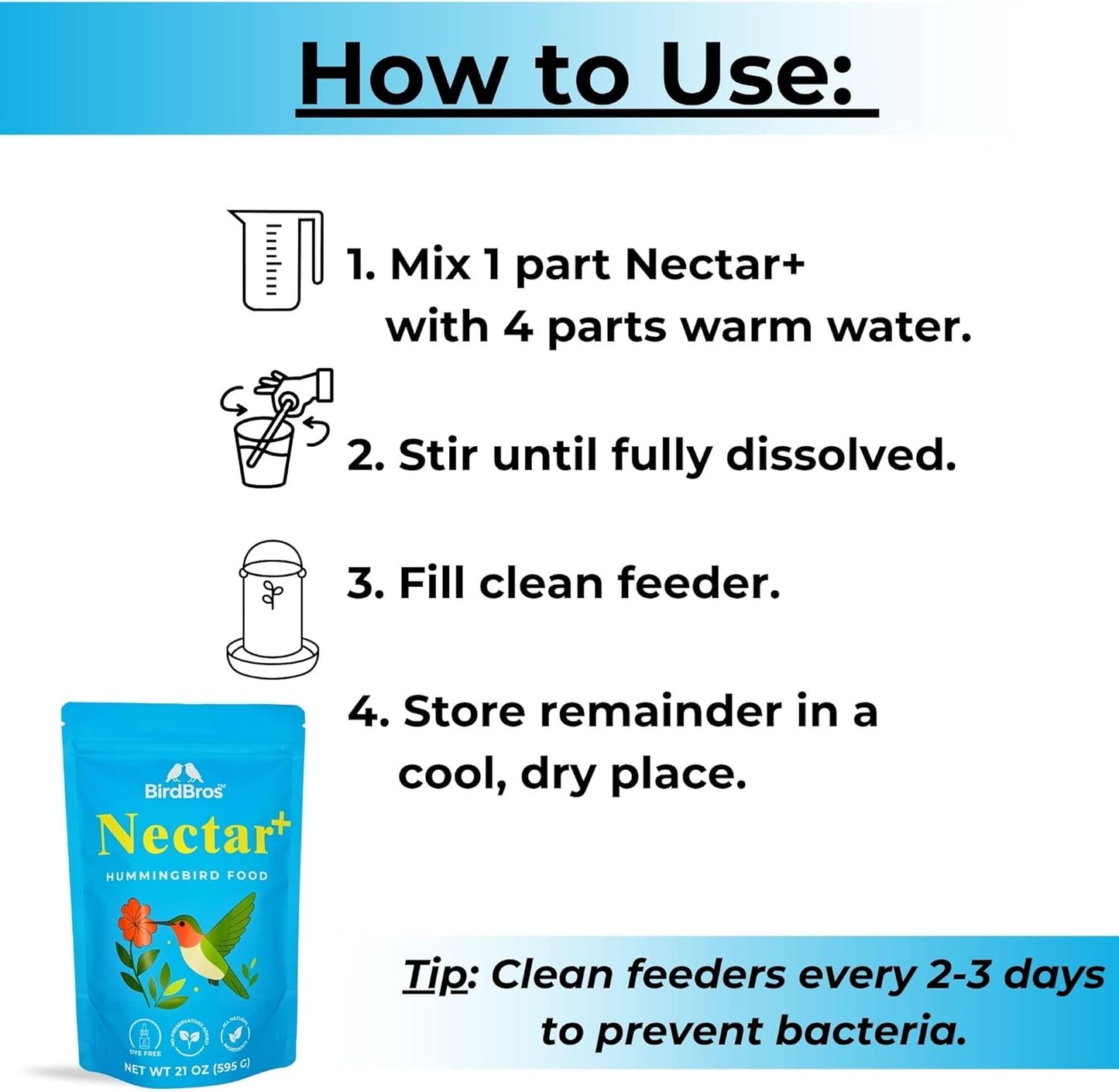 BIRDBROS Hummingbird Nectar Powder Nectar+ Hummingbird Food for Feeders – All-Natural, Dye-Free, No Boil, Easy Mix – Pure Cane Sugar, Hummingbird Feeder Refill, Made in USA – Makes 96 oz