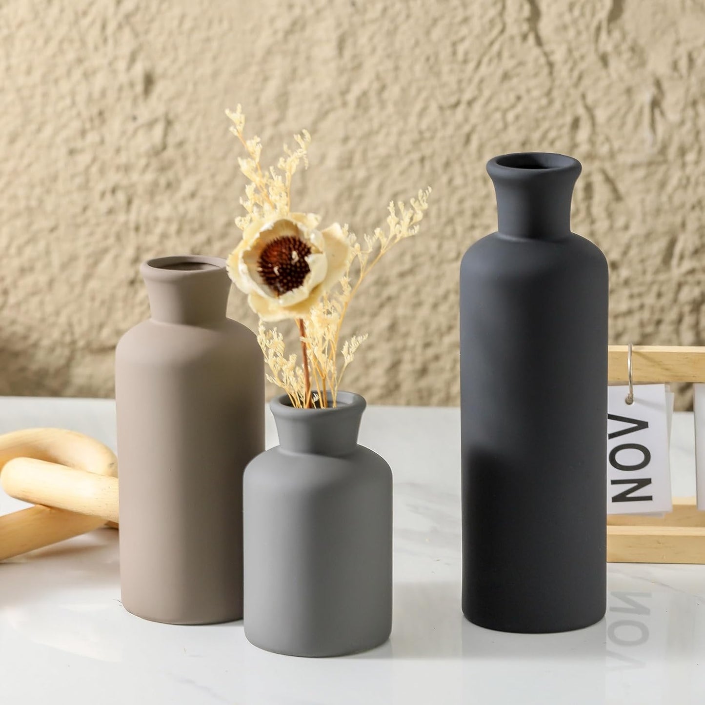 Ceramic Vase Set of 3, Neutral Vases Home Decor Rustic Farmhouse Decor Vase Terra Cotta Pottery Vases for Bouquet Pampas Grass Dried Fresh Flowers Living Room Kitchen Bedroom Bathroom - Multicolor