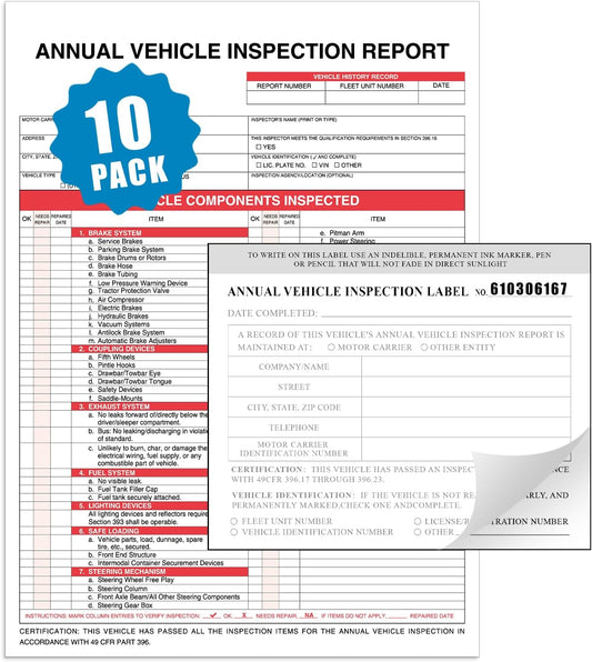 Goldenfox DOT Inspection Forms and Stickers. 10-Pack,3-Ply Carbonless Annual Vehicle Inspection Report Form(8.5" x 11.75") with 2-Ply Vinyl White Interior Inspection Label(5"x4")