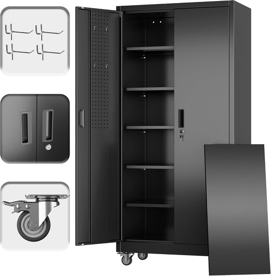 71" H×34" W×18" D Metal Garage Storage Cabinet with Wheels & Pegboard, Lockable Metal Storage Cabinets with 2 Doors&5 Adjustable Shelves for Garage&Home,Assembly Required,Black