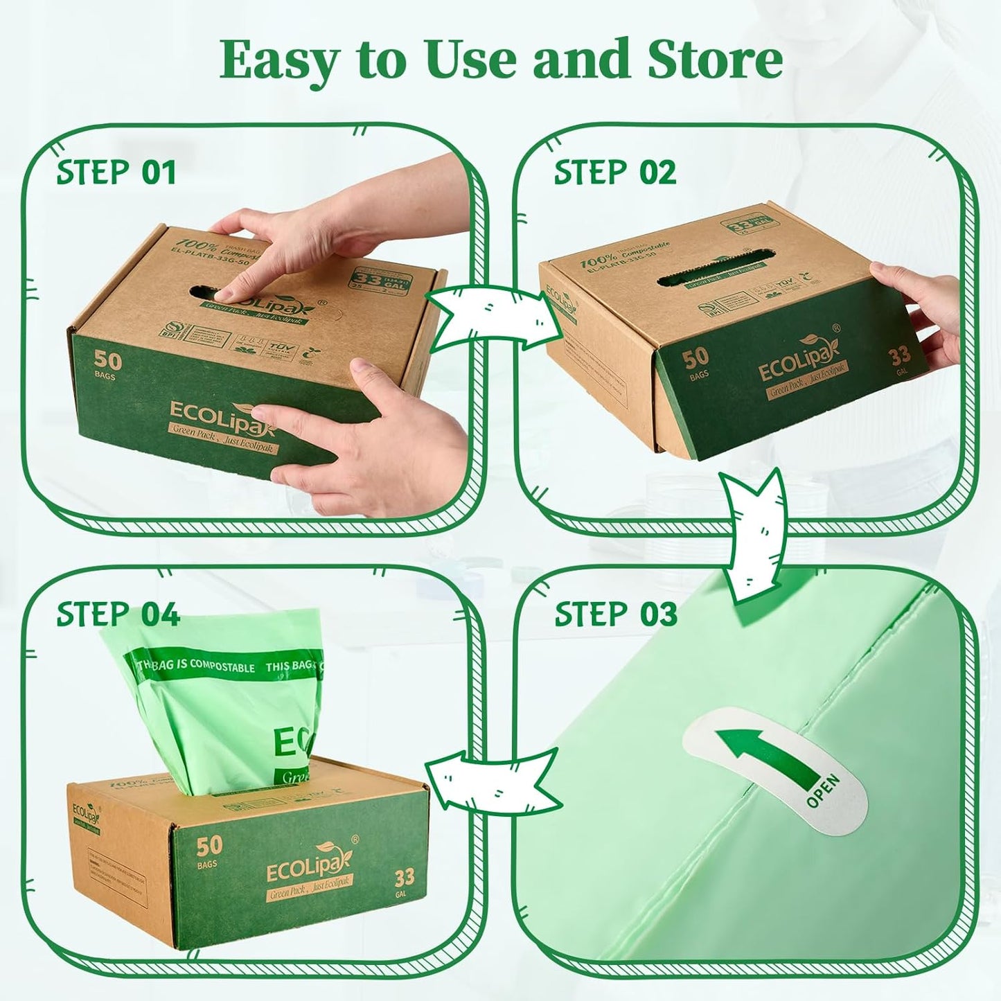 ECOLipak 33 Gallon Compostable Trash Garbage Bags, 50 Count (2 Rolls) Biodegradable Heavy Duty Large Outdoor Trash Bags for Lawn/Yard, US BPI ASTM D6400 and OK Compost Home Certified