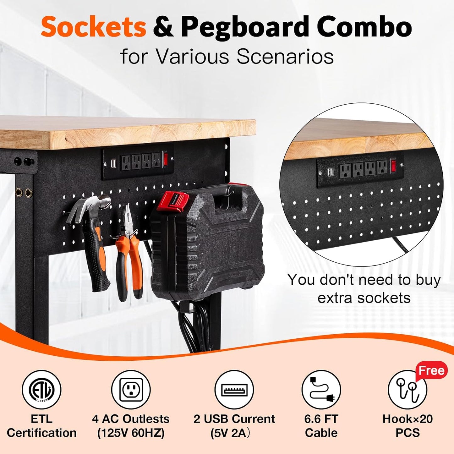 48“ Adjustable Height Workbench Work Bench for Garage Work Table with Under Table Shelf Heavy Duty Rubber Wood Top for Shop Woodworking, Office, Home, Commercial