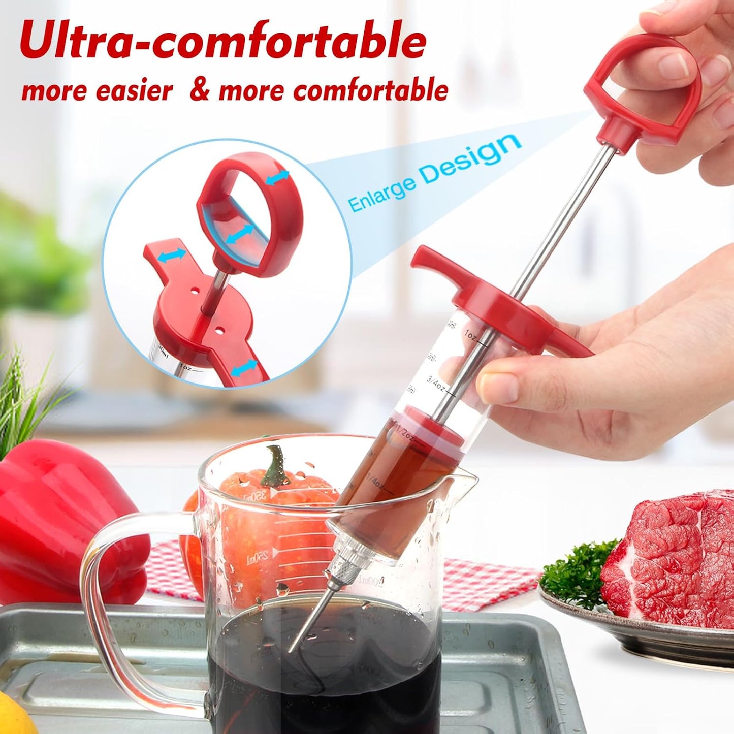 TGE-V 1-oz Plastic BBQ Marinade Injector Kit, Turkey Injector Syringe (3 Stainless Steel Meat Needles + 3 Replacement O Rings + 1 Cleaning Brush) for Smoked BBQ Grill