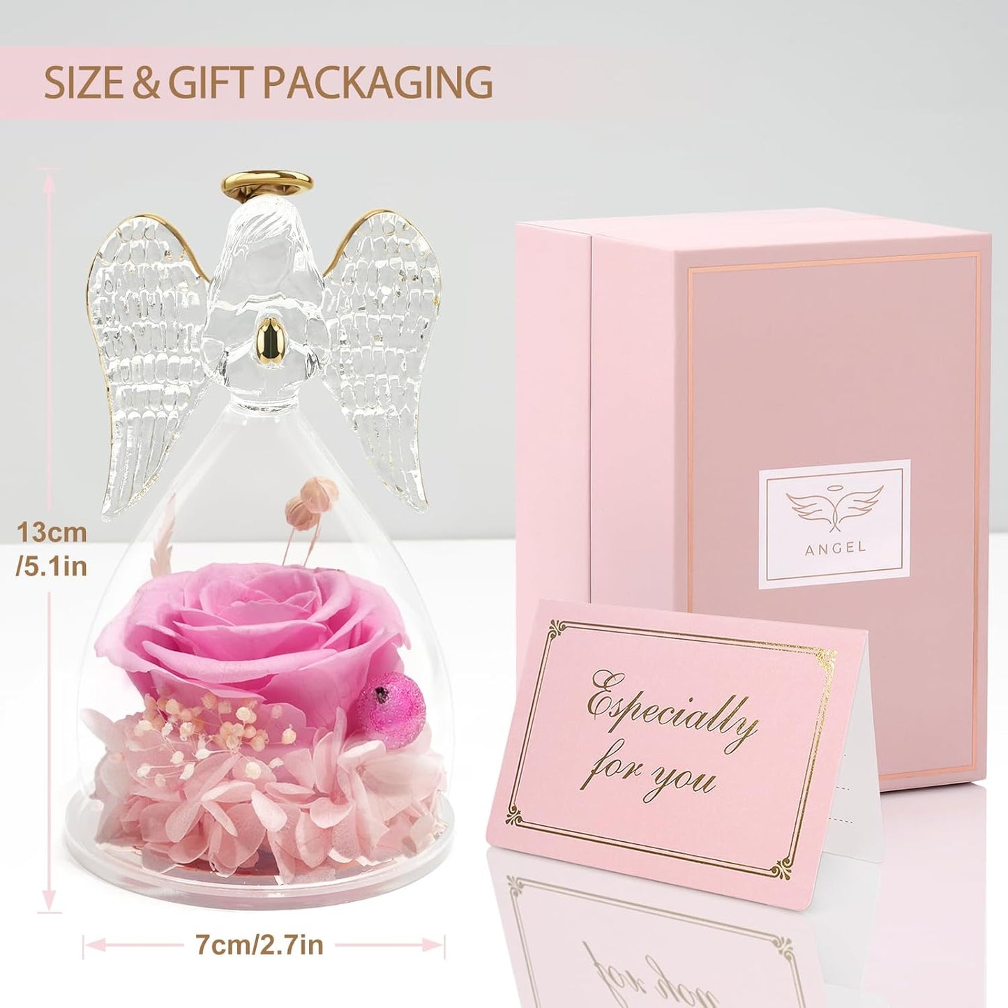 Yamonic Mom Birthday Gifts for Mom, Angel Figurines with Real Rose Gifts for Her Mom Grandma,Preserved Flowers Rose Angel Figurines for Mothers Day Christmas Anniversary Birthday Gifts for Her (Pink)