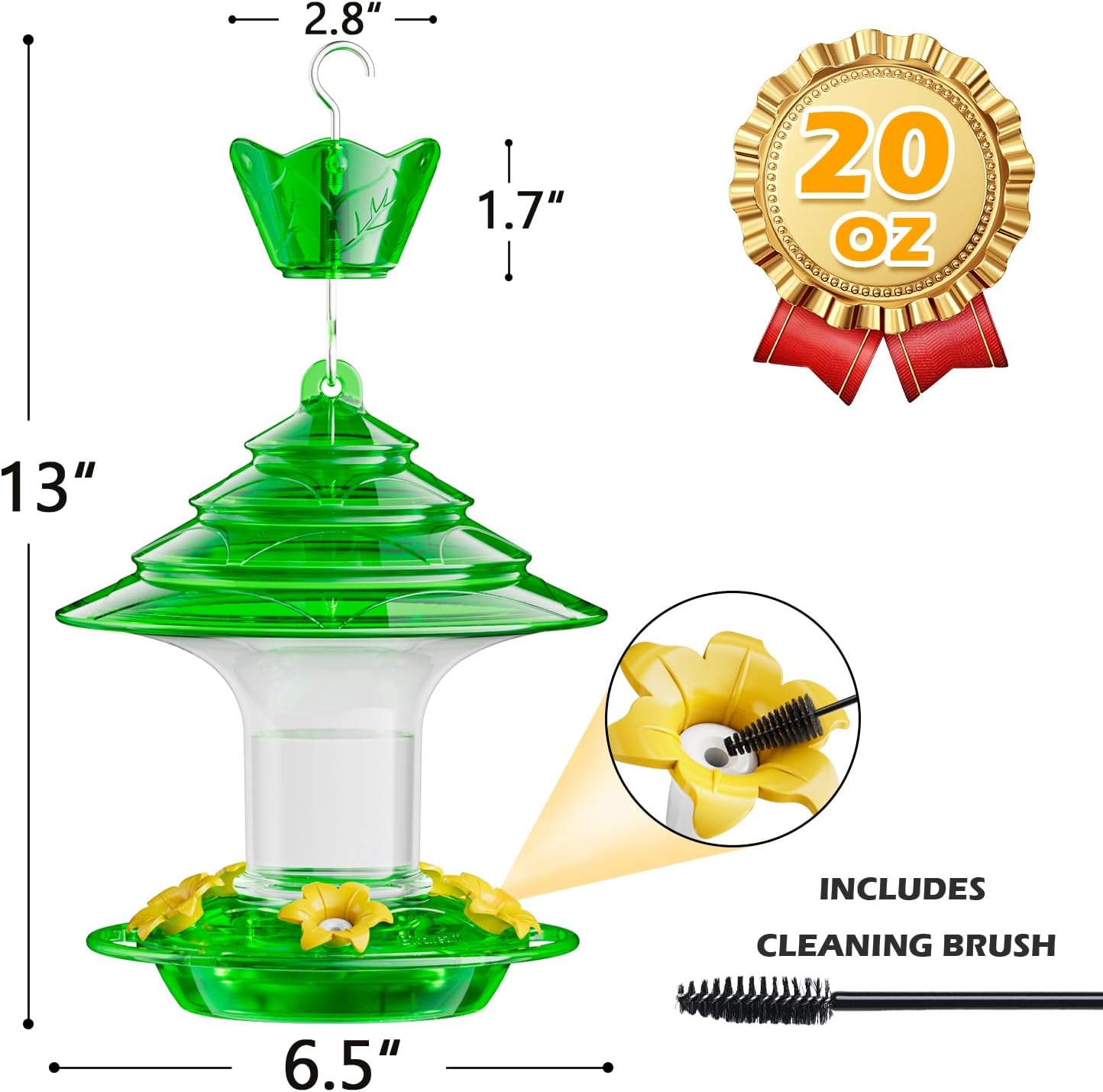 Birdream Hummingbird Feeder for Outdoors Hanging, 20oz Hummingbird Feeders with 5 Bee Guard Feeding Ports & Built-in Ant Moat Brush Leak-Proof for Outside Gifts for Women - Green