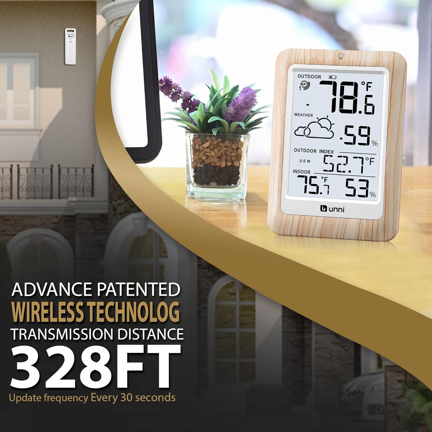 Indoor Outdoor Thermometer Wireless Weather Station, Temperature Humidity Monitor Battery Powered Inside Outside Thermometers with 330ft Range Remote Sensor and Backlight Display（Wood）