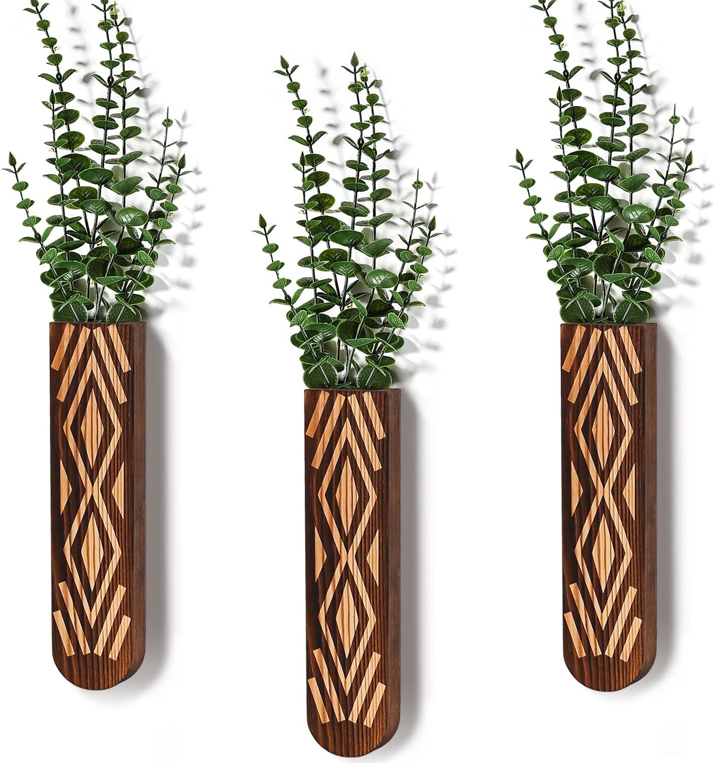 Wooden Wall Planter Set of 3 - Modern Bohemian Home Decor for Living Room, Bedroom, Bathroom - Versatile Walnut Finish Planter for Dried Flowers, Faux Greenery, and Indoor Plants
