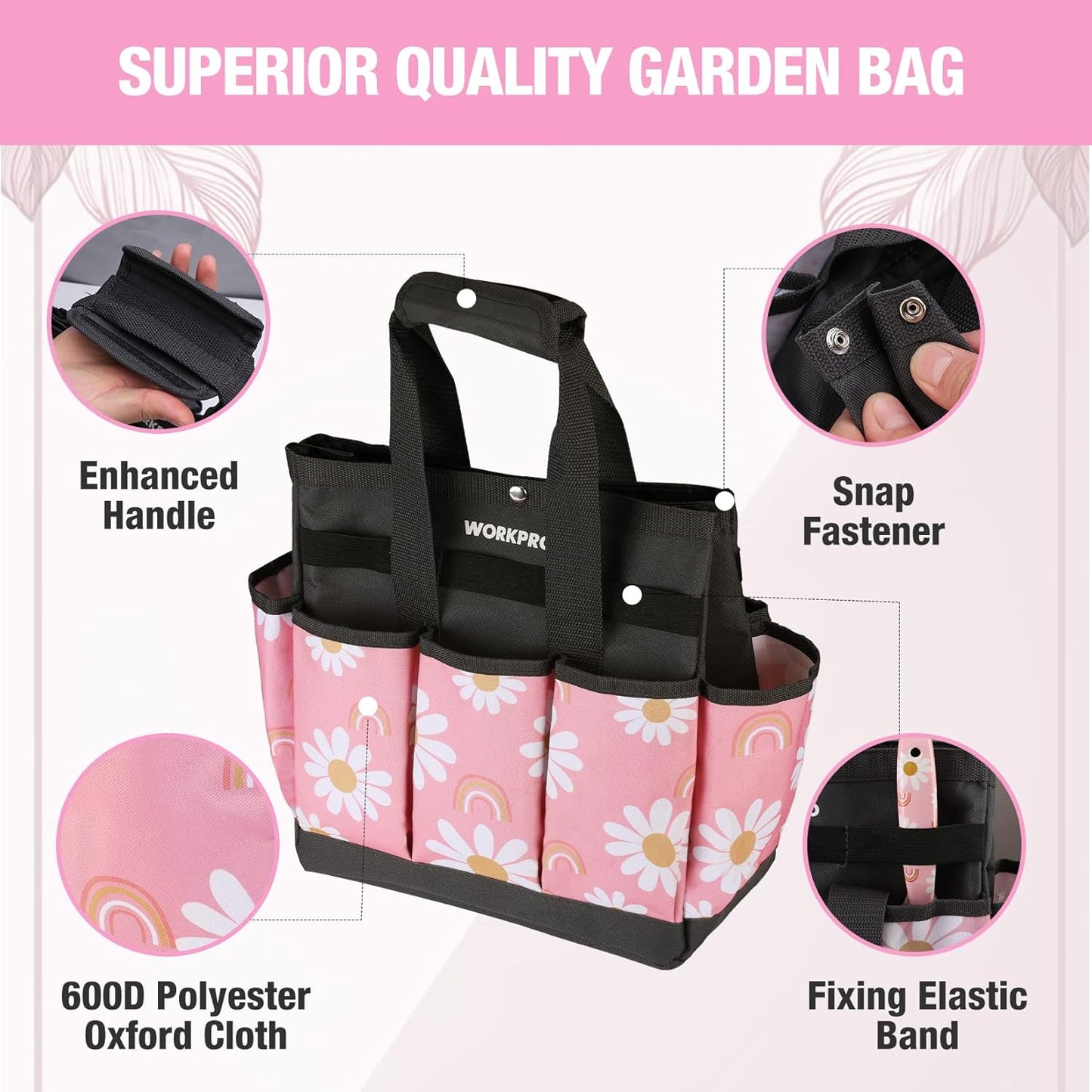 WORKPRO Garden Tool Bag, 9 Pockets Gardening Bag, Heavy Duty Oxford Garden Tote Caddy (Tools NOT Included), 12" x 12" x 6"-Pink Ribbon