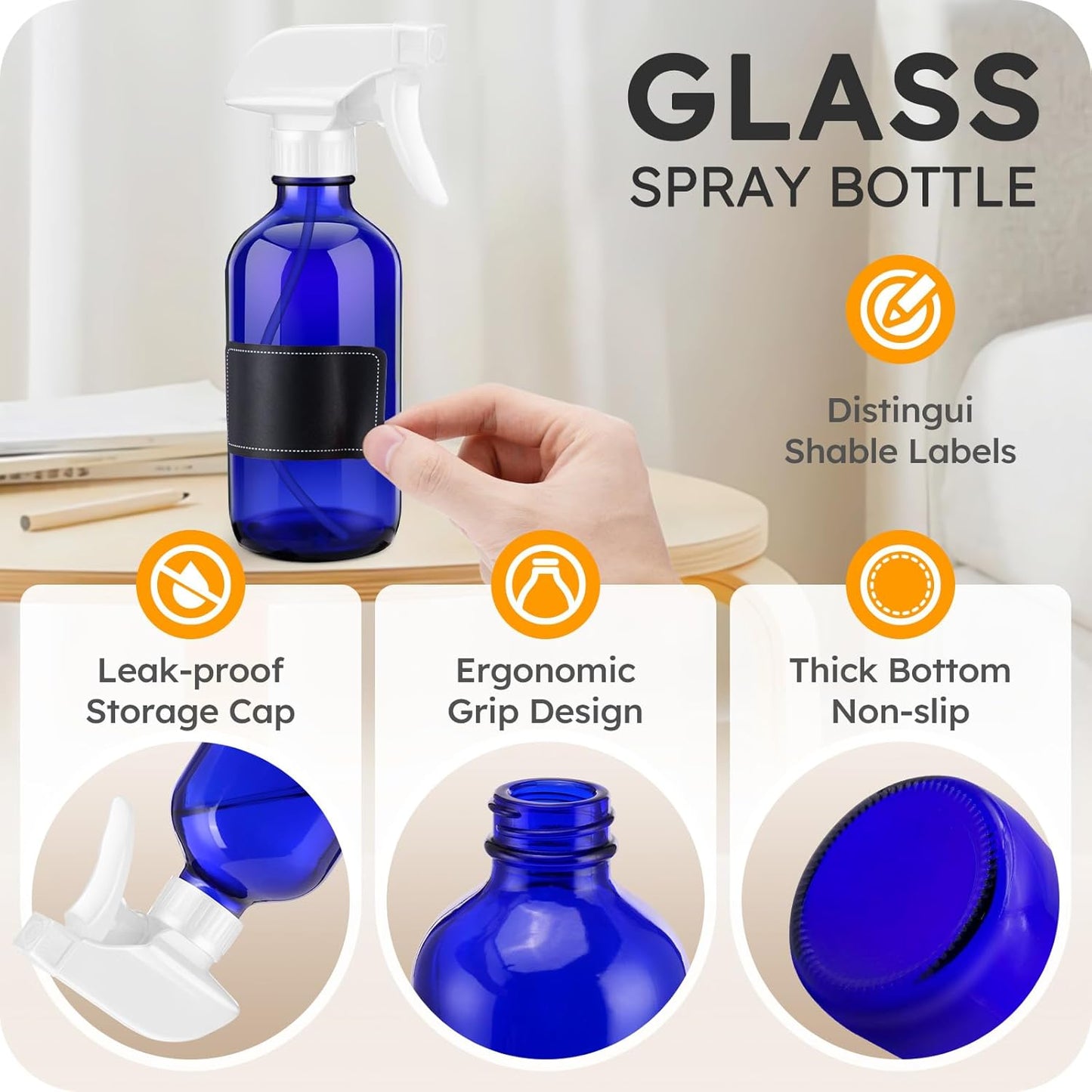 Tecohouse Glass Spray Bottle 8 oz, Blue Small Empty Refillable Sprayer Container with Labels, Funnel, Lids, Graduated Pipettes - Handheld Size