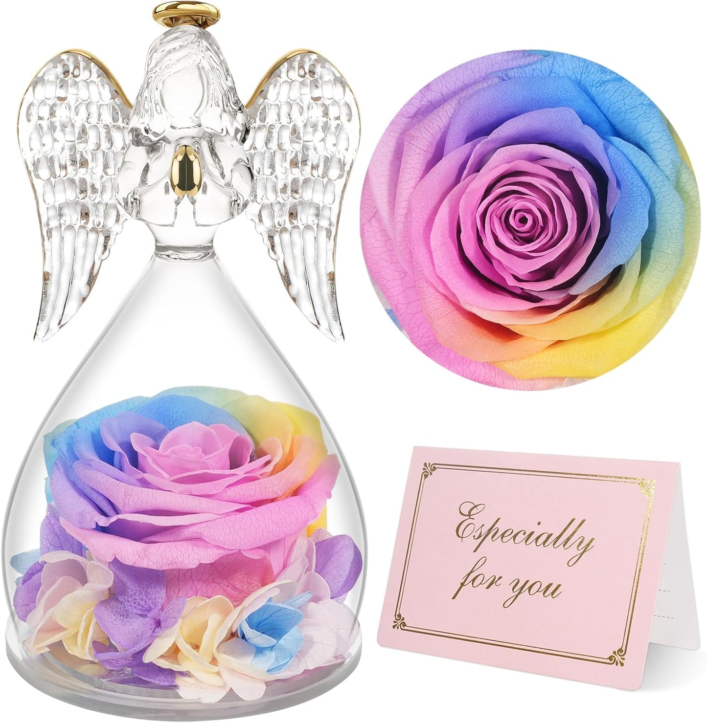 Yamonic Mom Birthday Gifts for Mom, Angel Figurines with Real Rose Gifts for Her Mom Grandma, Preserved Rose Angel Figurines for Mothers Day Birthday Gifts for Women Her (Rainbow)