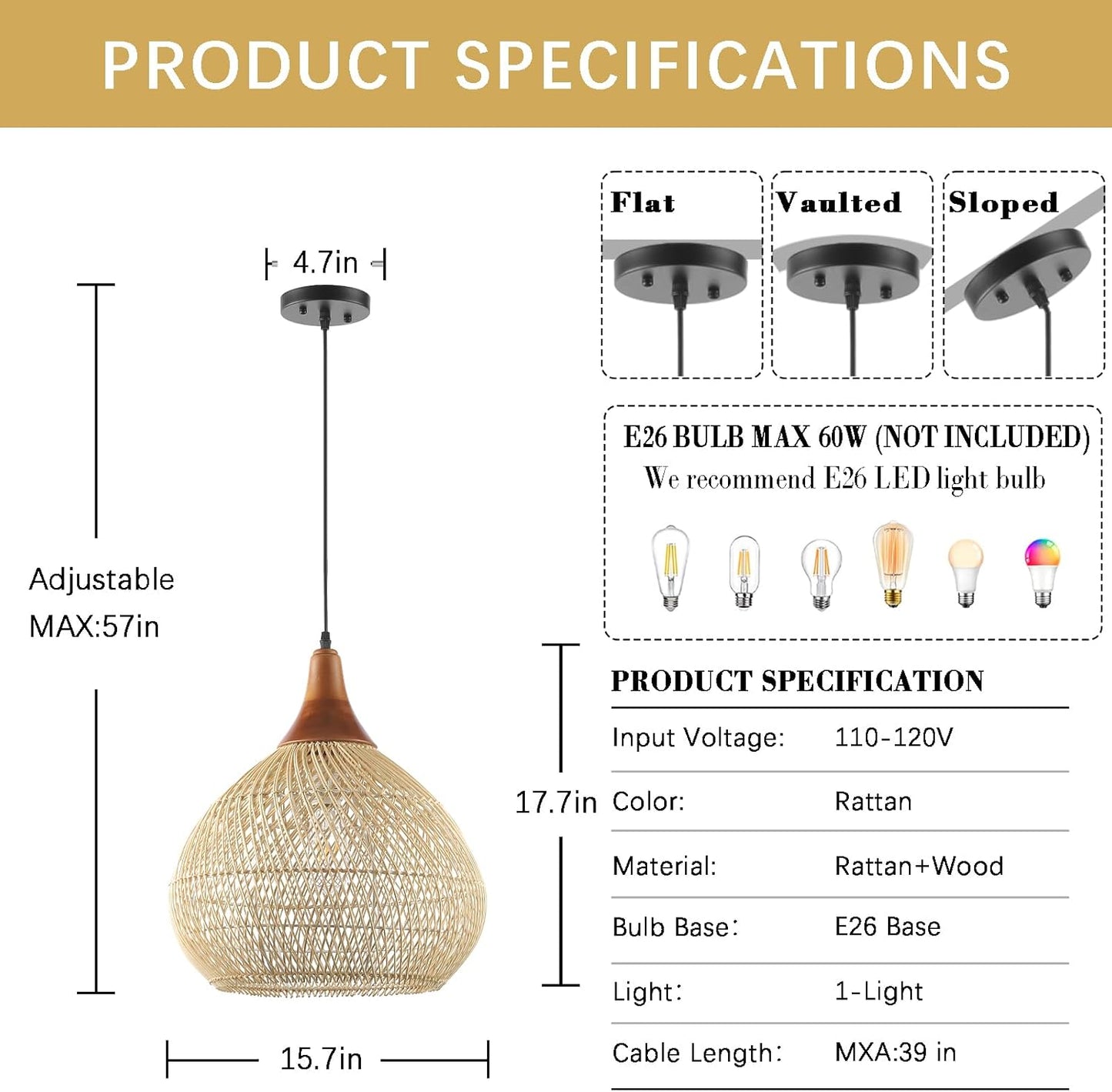 Rattan Pendant Light, 15.7" Rattan Chandelier Hand-Woven Boho Pendant Light Fixtures with Solid Wood, Basket Wicker Chandelier for Dining Room Kitchen Island Living Room