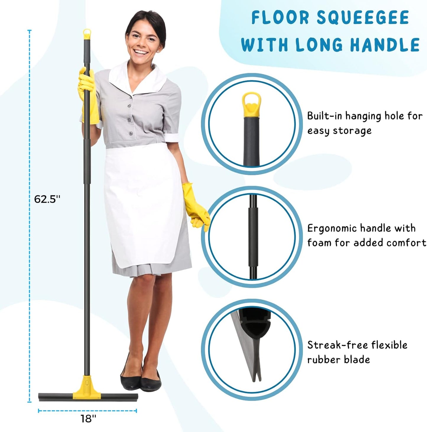 Squeegee Broom for Floor, 18'' Heavy Duty Rubber Wiper with 60'' Long Handle for Bathroom Tile, Garage Concrete, Deck, Shower Glass, Window Cleaning