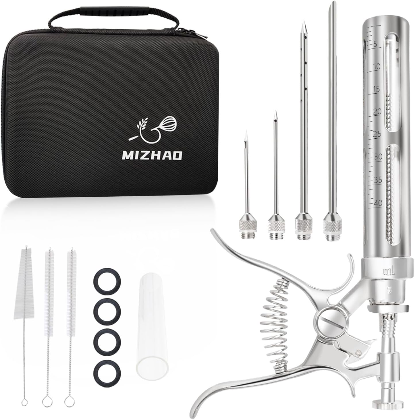 Premium Meat Injector Kit - Stainless Steel Marinade Syringe with 4 Needles, Leak-Proof, Food-Grade Injector for BBQ, Turkey, Chicken, and Grilling – Includes Bonus Glass Tube(9.1in)