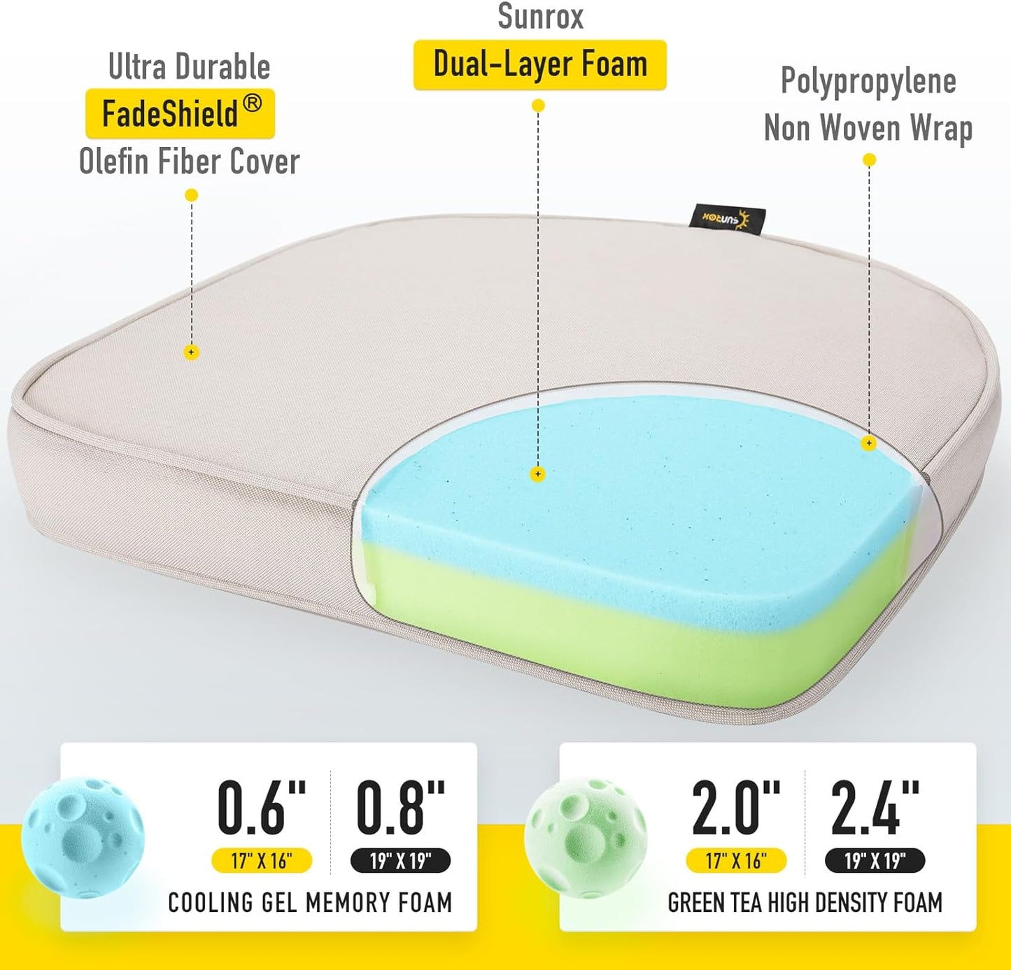 SUNROX Gel Memory Foam Chair Cushions, FadeShield Water-, Stain-Resistant Durable Reversible Seat Cushion Pads with Ties for Indoor/Outdoor Kitchen Dining Office, 19"x19", Set of 2, Cream