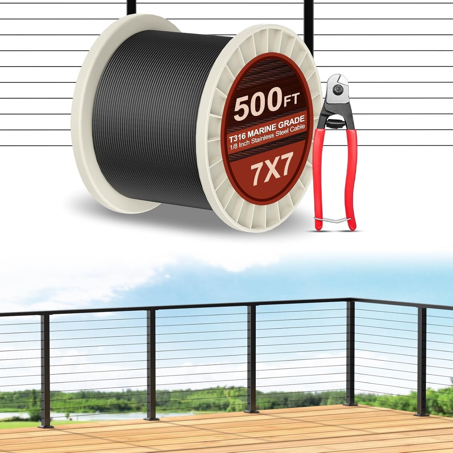 500FT T316 Marine Grade 1/8" Stainless Steel Cable Kit w/Cutter, 7x7 Strand,1850lb Breaking Strength Wire Rope Cable for Deck Railings,Ideal for Indoor/Outdoor Railings DIY Installation, MY15