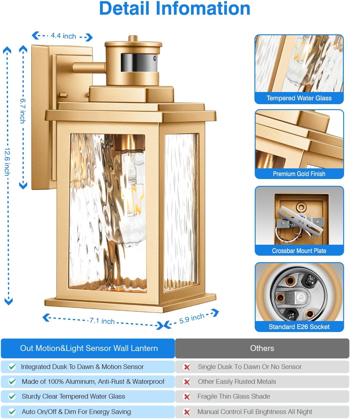 VIANIS Motion Sensor Porch Lights, Outdoor Light Fixtures Wall Mount Dusk to Dawn, Gold Waterproof Exterior Lights for House, Outdoor Wall Lights for House, Doorway, Patio, Anti-Rust