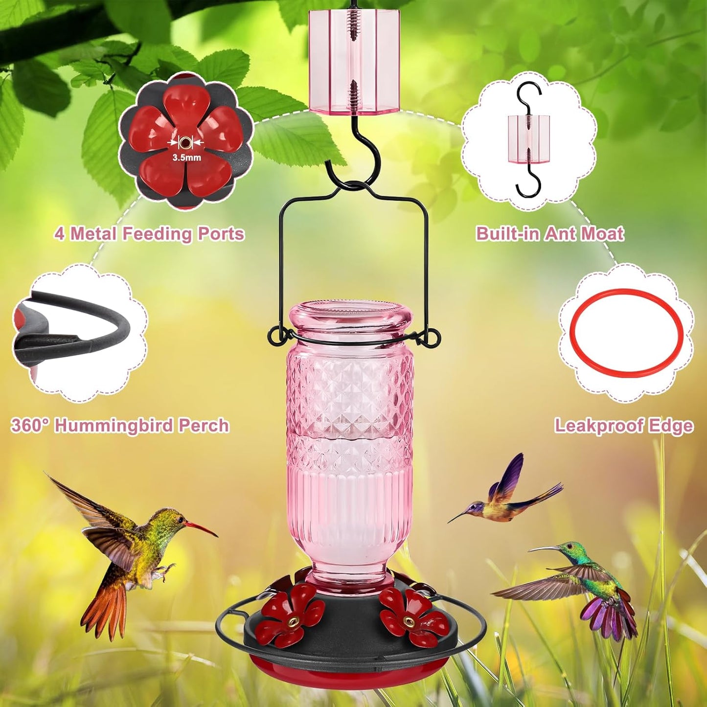 FEED GARDEN Glass Hummingbird Feeders for Outdoors, 16 OZ Pink Hummingbird Feeder with 4 Bee Guard Feeding Ports & Built-in Ant Moat, Humming Bird Feeder, Gifts for Women Mom,1 Pack