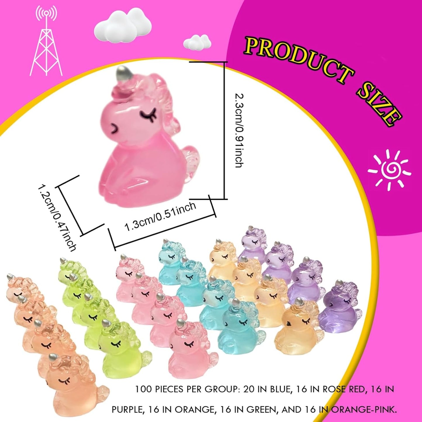 100 PCS Mini Resin Unicorn Luminous Tiny Unicorn Miniature Figurines,Micro Fairy Ornaments Glow in The Dark Mini Resin Animals for Garden, Landscape,Aquarium,Dollhouse,Birthday Party,Room Crafts Decor