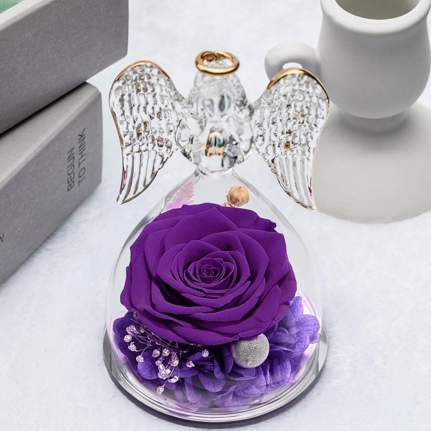 Yamonic Angel Figurines With Real Preserved Rose - Mom Birthday Gift for Grandma, Women - Mother's Day (Purple)