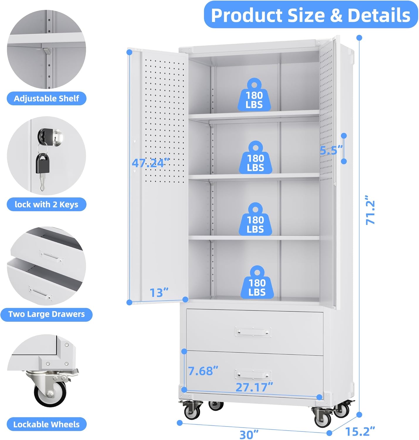 Upgraded Metal Garage Storage Cabinet with Wheels and 2 Drawers, Rolling Tool Cabinet with 3 Shelves and Pegboard Behind The Door for Home Office Garage,Assembly Required,White