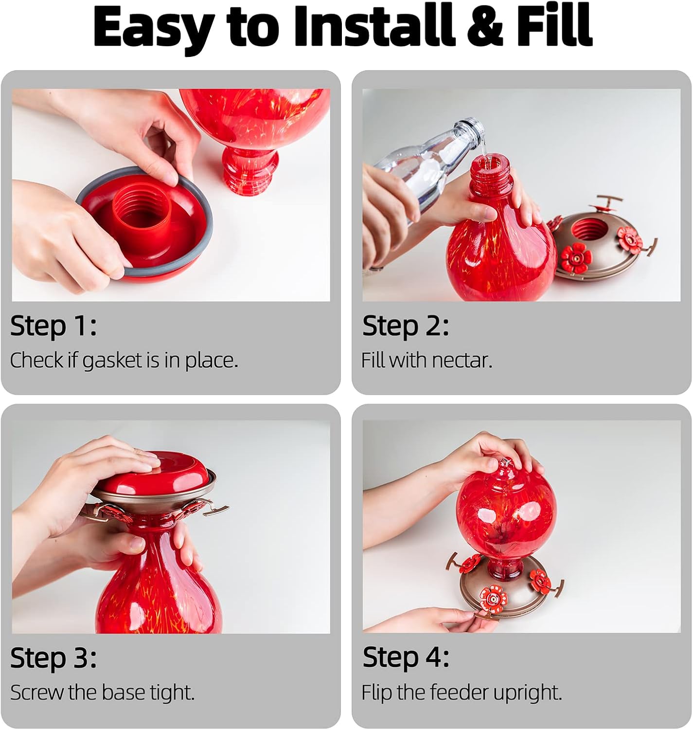 Hummingbird Feeders 32OZ Glass Hummingbird Feeder, 4 Perch Ant Moat Leakproof, Garden Decor (Red Lily)