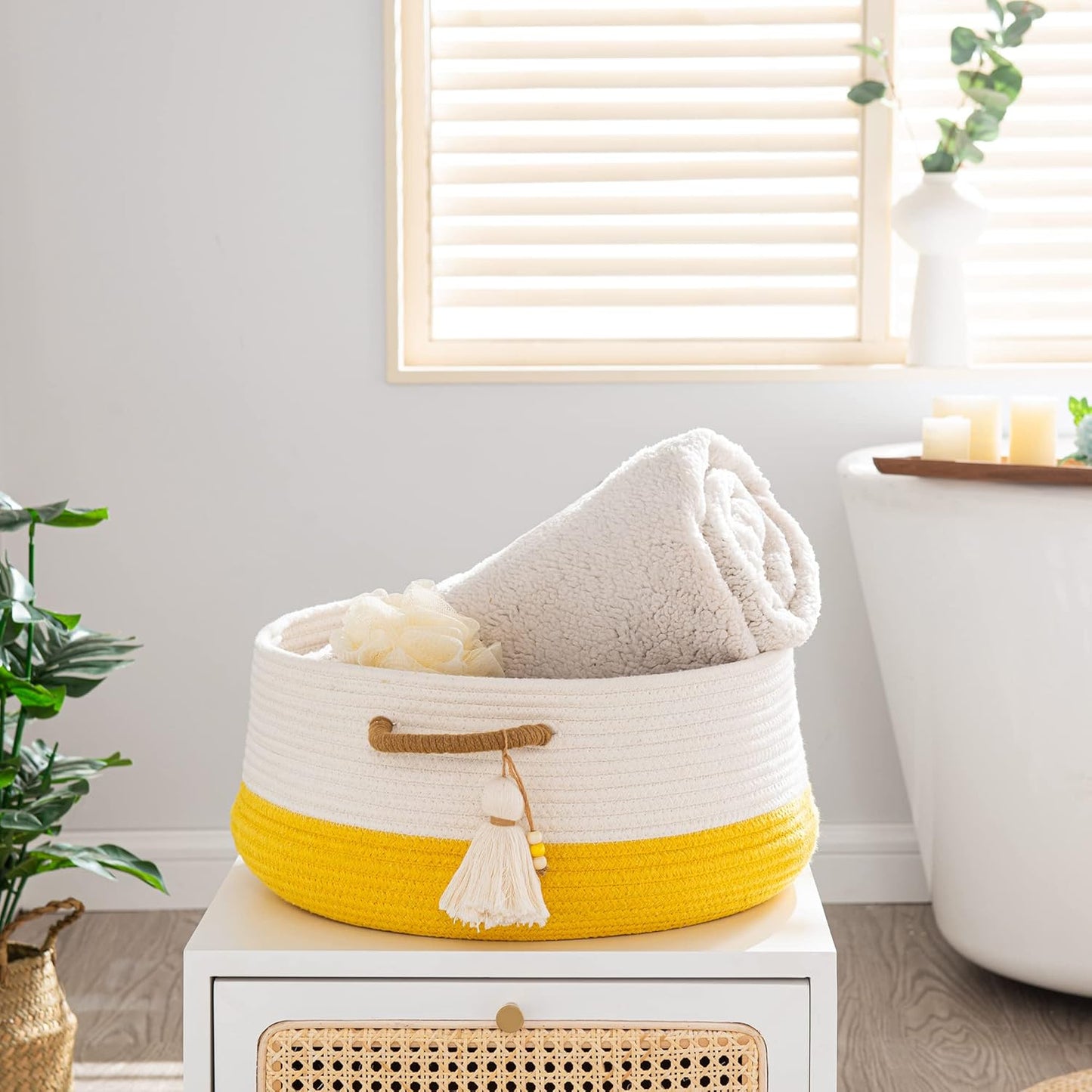 KAKAMAY Woven Baskets for Storage(16"x8"),Blanket Basket for Organizing Living Room,Cotton Rope Basket Woven Baby Laundry Hamper,Collapsible Laundry Room Organization,Clothes,Toy Chest(Yellow)