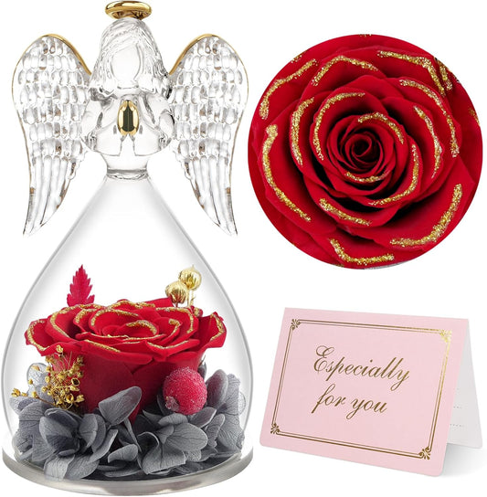 Yamonic Mom Birthday Gifts for Moms, Angel Figurines with Real Rose Gifts for Her Mother Grandma, Preserved Flowers Rose Angel Figurines for Mothers Day Christmas Birthday Gifts for Women(Redgold)