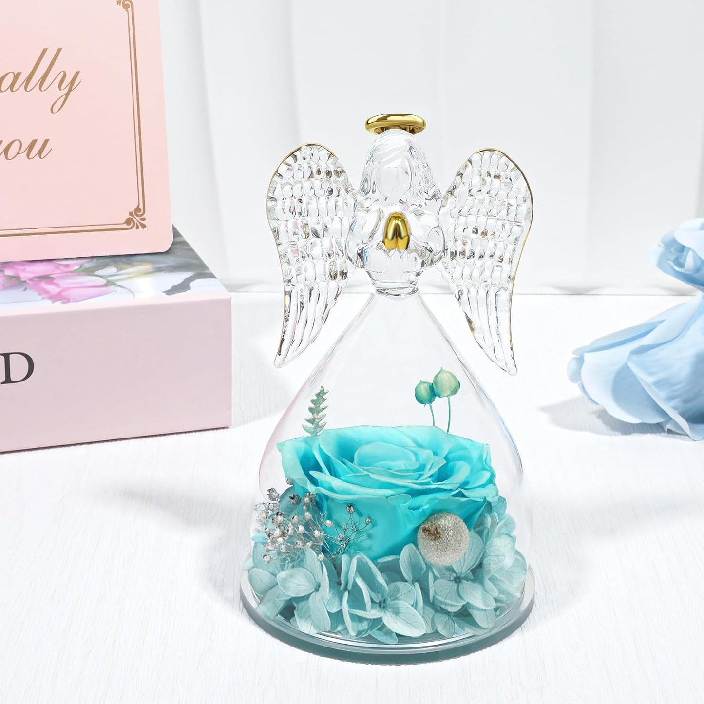Yamonic Mom Birthday Gifts for Mom, Glass Angel Figurines with Real Rose Gifts for Her Moms Grandma,Preserved Flowers Rose Angel Figurines for Mothers Day Christmas Anniversary Birthday Gifts for Her