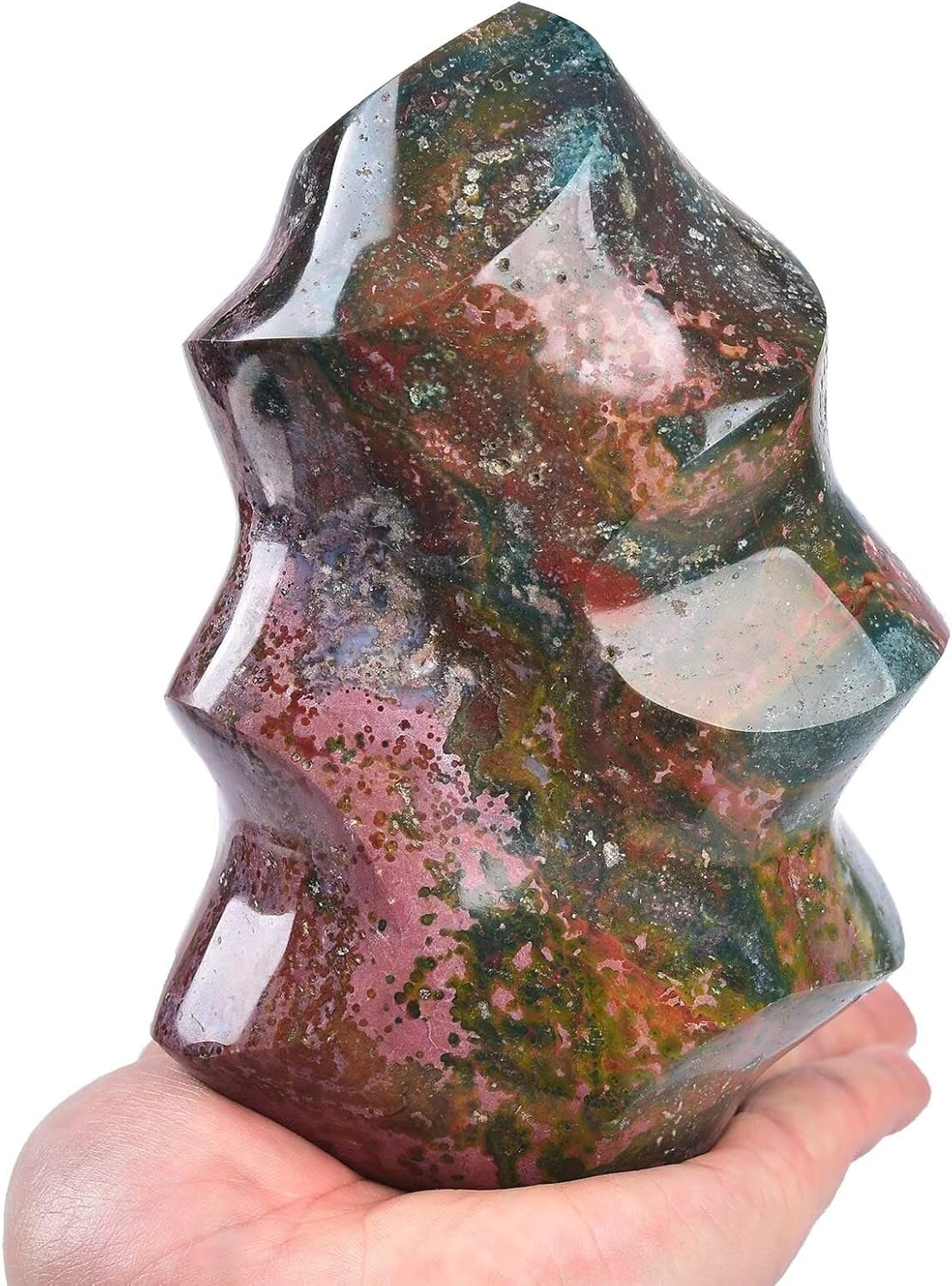 AMOYSTONE Ocean Jasper Flame Shaped Stone Towers Obelisk Natural Healing Crystal Quartz Reiki Energy Decoration Home Office Decor 4.0-4.4LBS