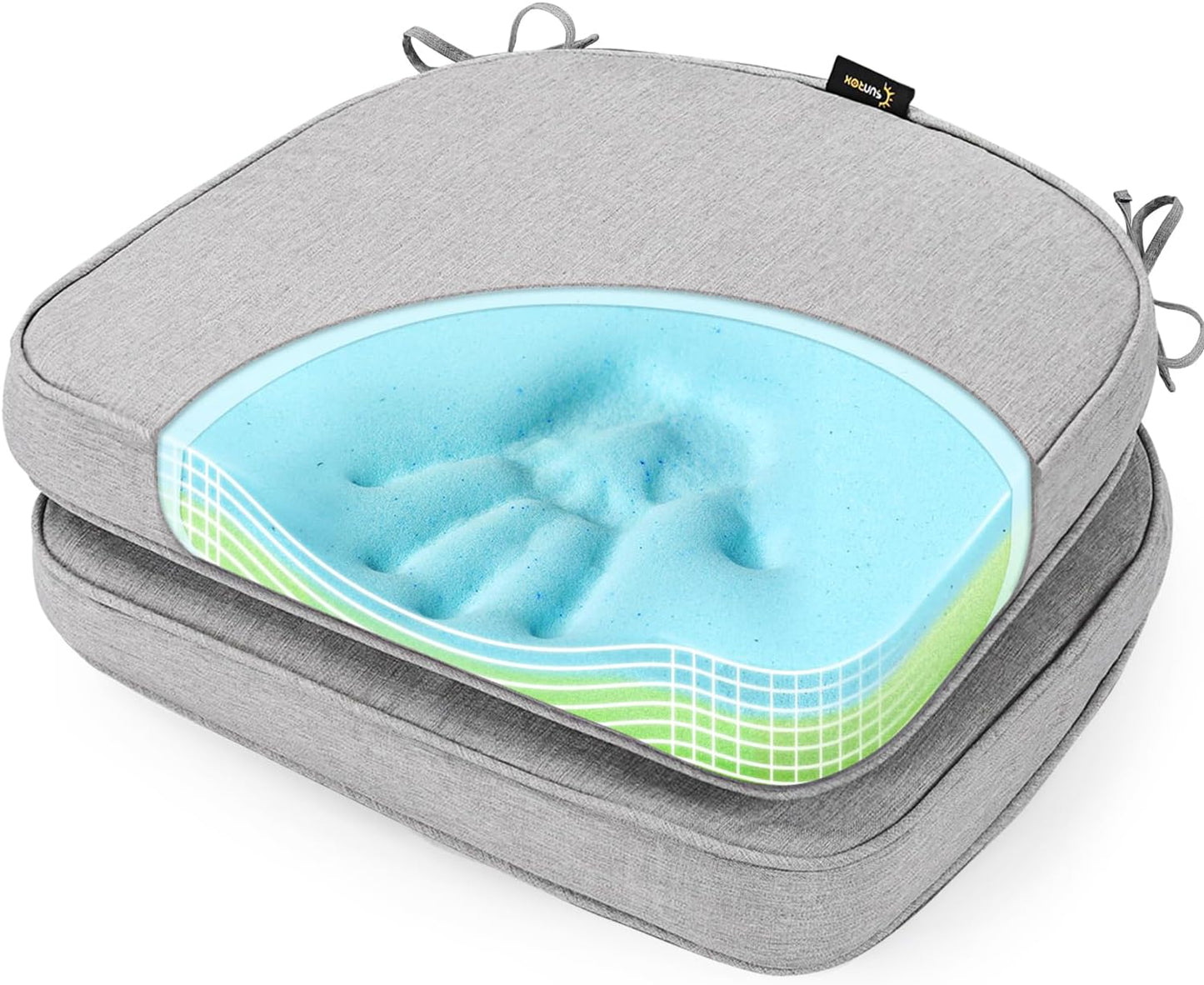 SUNROX Gel Memory Foam Chair Cushions, FadeShield Water-, Stain-Resistant Durable Reversible Seat Cushion Pads with Ties for Indoor/Outdoor Kitchen Dining Office, 19"x19", Set of 2, Heather Grey